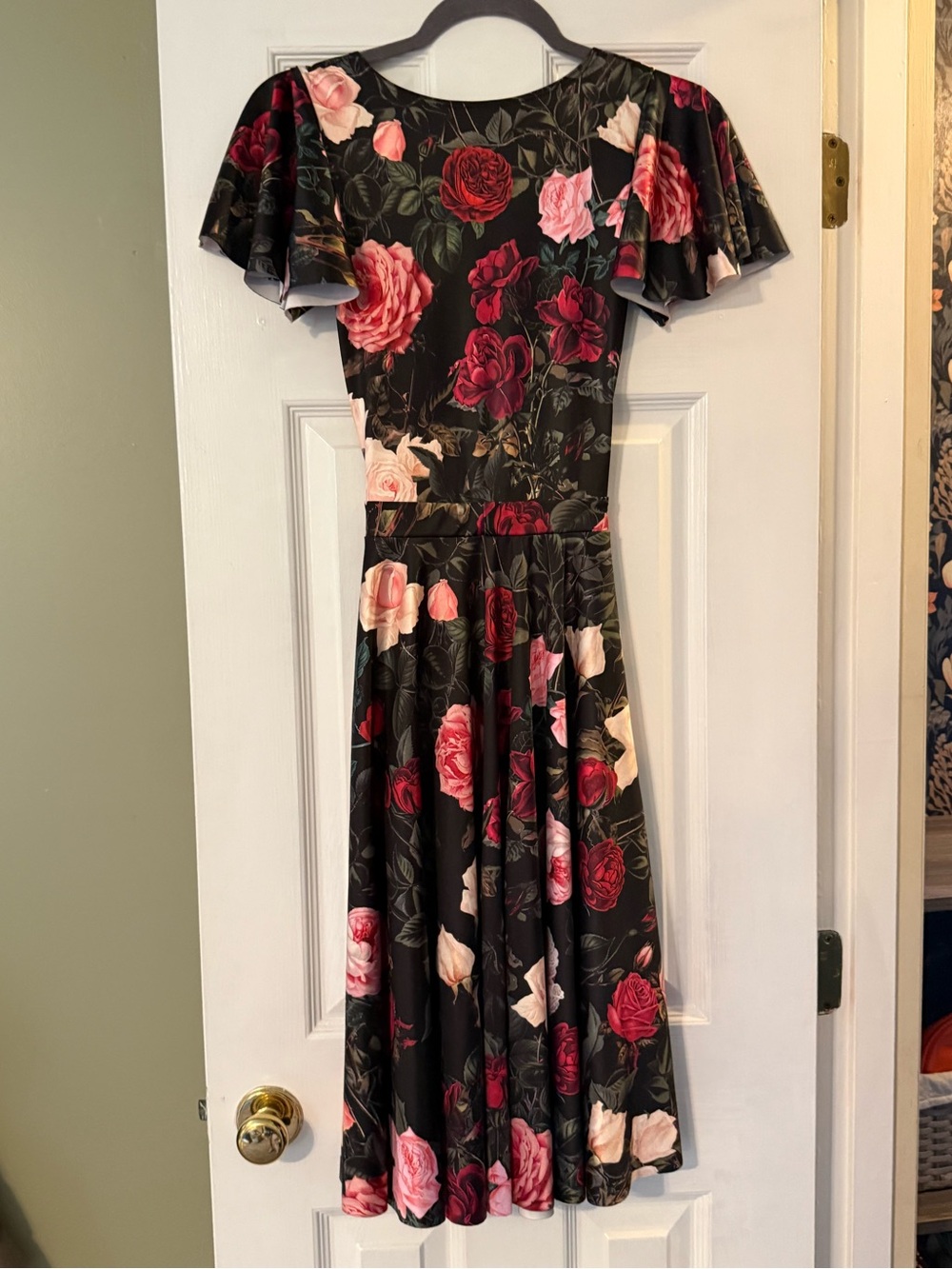 Blackmilk Black Floral Cutout V-Neck Fit & Flare Dress with Pink and Red Roses - Picture 3 of 5